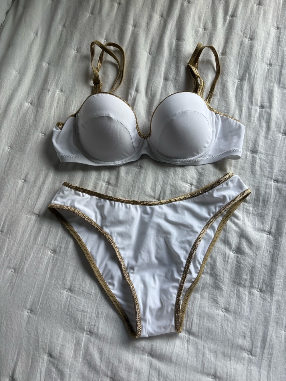 Painsucre White Bikini Set with Gold Trim
